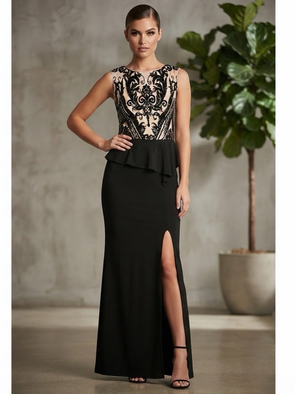 Onyx Nite Sequin Bodice Peplum Gown Formal Gown Dressy Long Maxi Dress